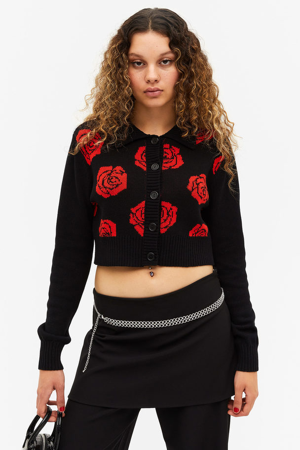 Monki Knitted Shirt Collar Cardigan Red Roses