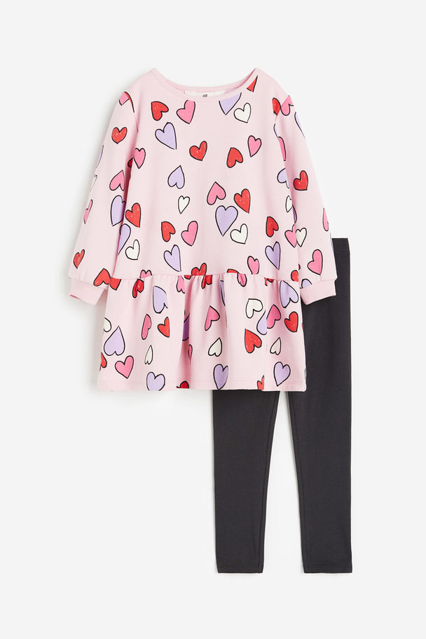 H&M 2-piece Dress And Leggings Set Light Pink/hearts