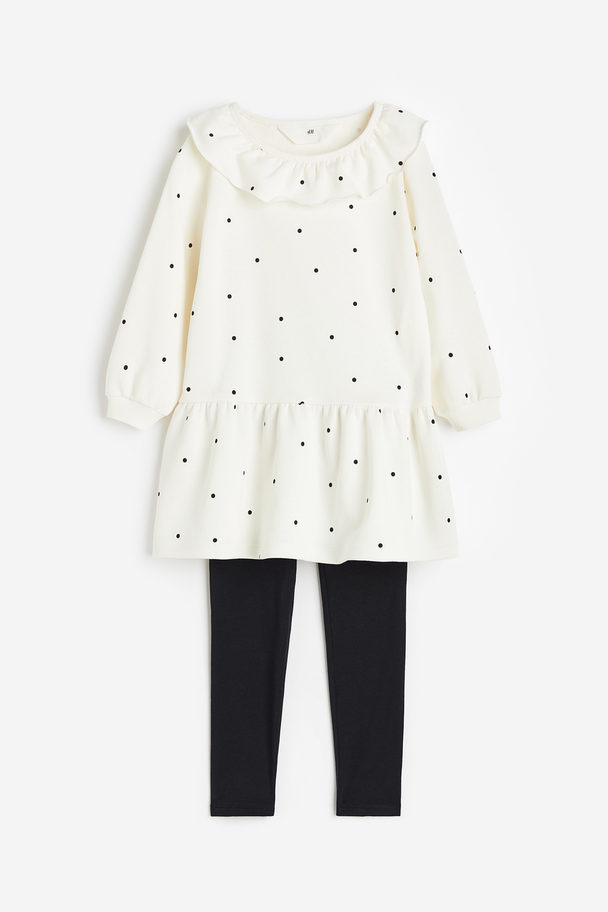 H&M 2-piece Dress And Leggings Set Natural White/spotted