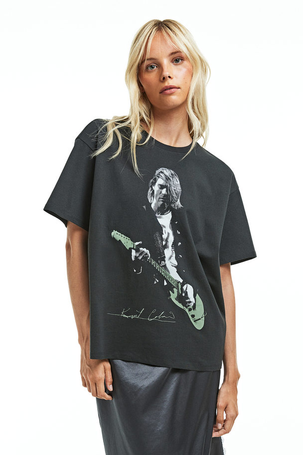 H&M Oversized T-shirt Med Tryk Sort/kurt Cobain
