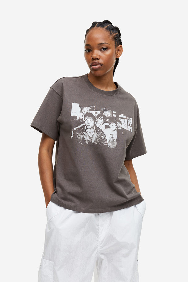 H&M Oversized T-shirt Med Tryk Mørkegrå/blur