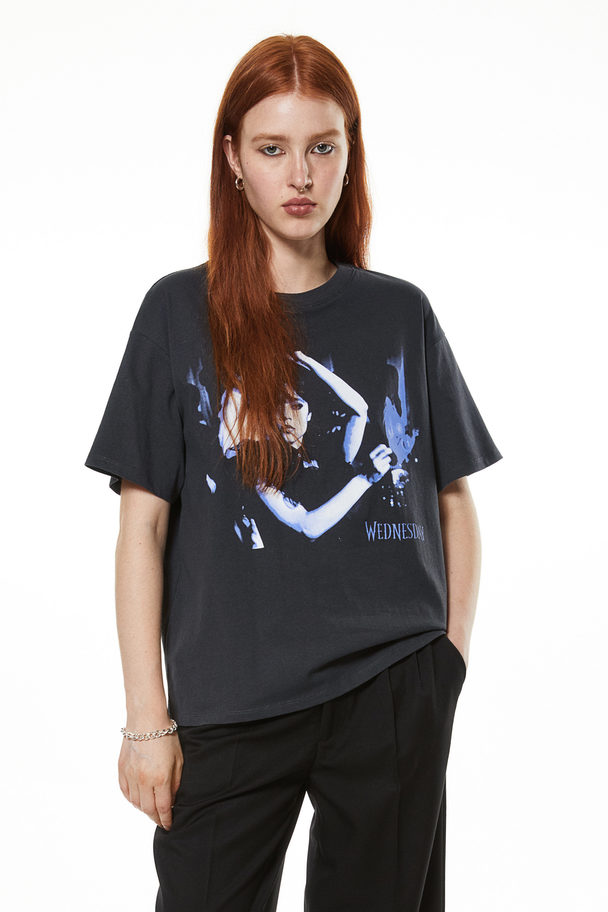 H&M Oversized T-shirt Met Print Zwart/wednesday