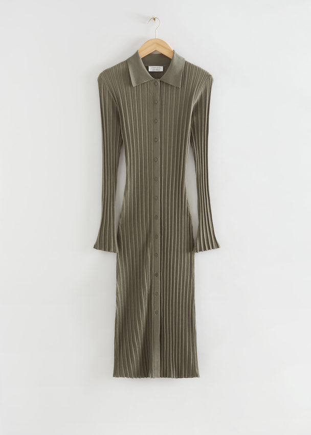 & Other Stories Fitted Midi Ribbed Shirt Dress Green
