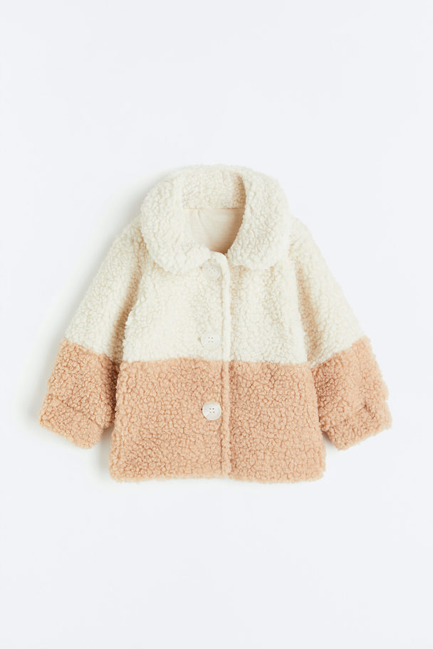 H&M Collared Teddy Jacket Natural White/block-coloured