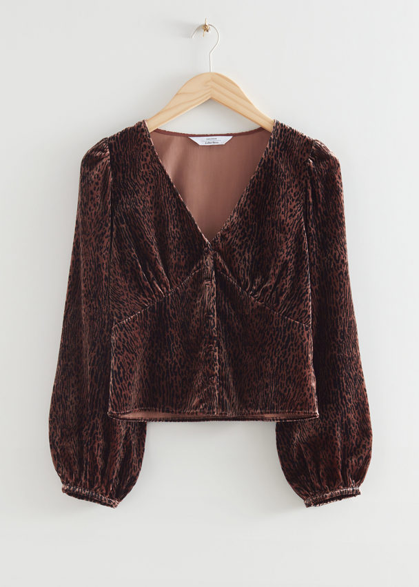 & Other Stories Fitted Velvet Puff Sleeve Blouse Brown