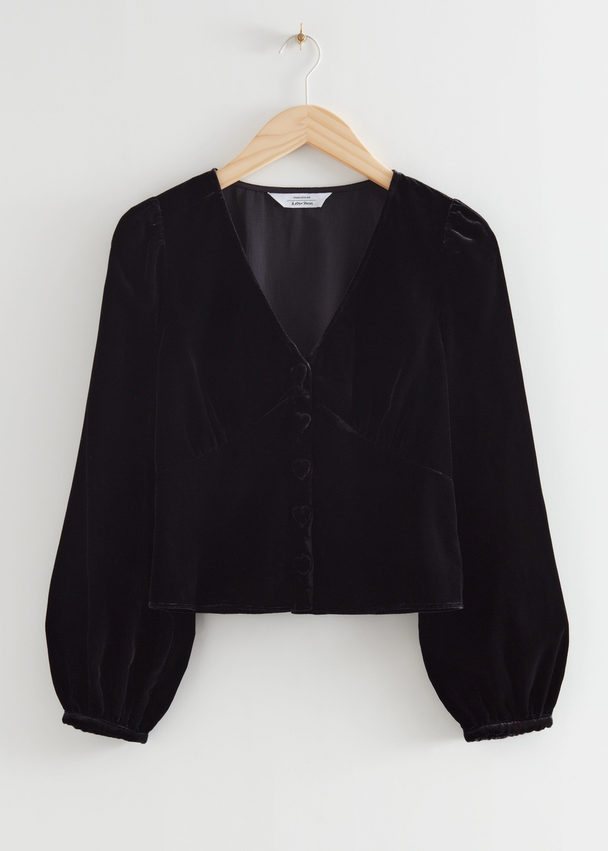 & Other Stories Fitted Velvet Puff Sleeve Blouse Black