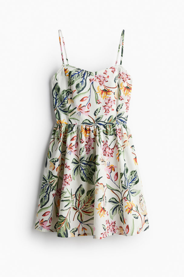 H&M Flared-skirt Cotton Dress Cream/floral