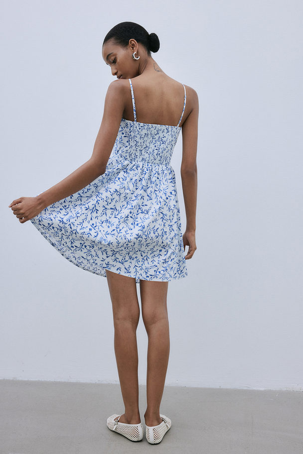 H&M Flared-skirt Cotton Dress White/blue Floral