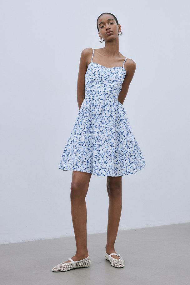 H&M Flared-skirt Cotton Dress White/blue Floral