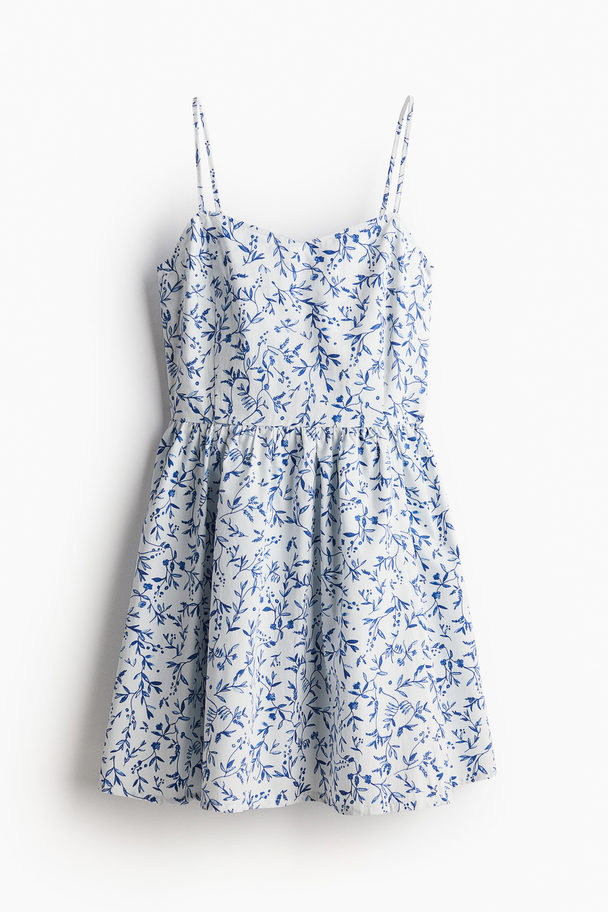 H&M Flared-skirt Cotton Dress White/blue Floral