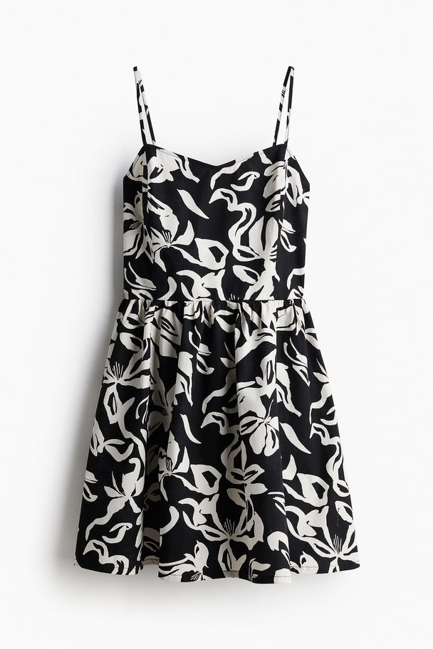 H&M Flared-skirt Cotton Dress Black/floral