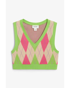 Intarsia Knit Vest Green And Pink Argyle
