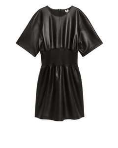 Rib-waist Leather Dress Black