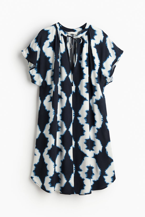 H&M Tie-detail Dress Navy Blue/patterned
