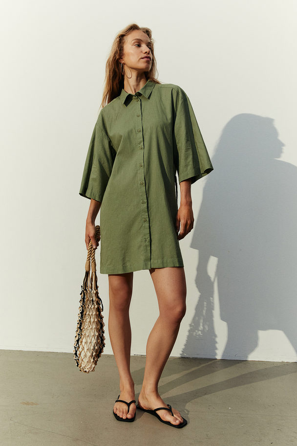 H&M Skjortklänning I Linmix Dimgrön