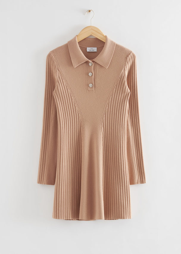 & Other Stories Ribbed Pointelle Shirt Dress Beige