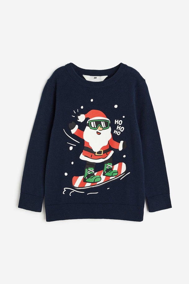 H&M Jacquardpullover aus Baumwolle Marineblau/Weihnachtsmann