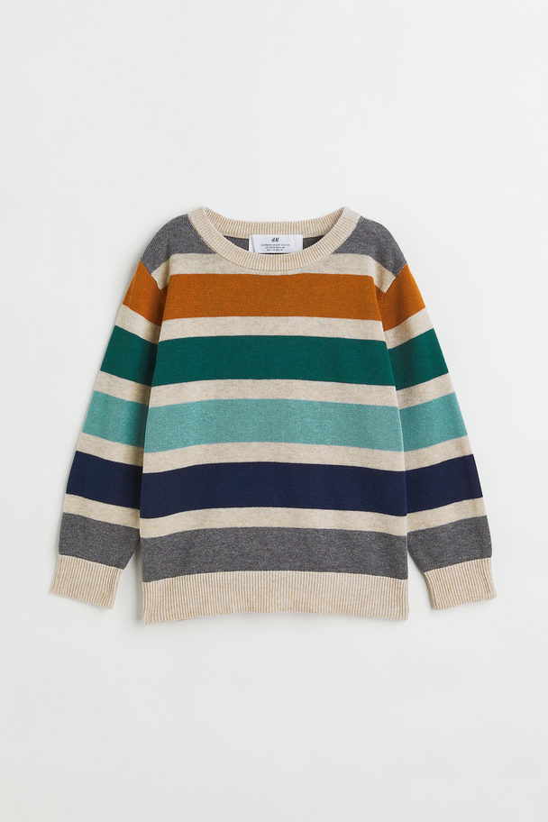 H&M Jacquard-knit Cotton Jumper Light Beige/striped