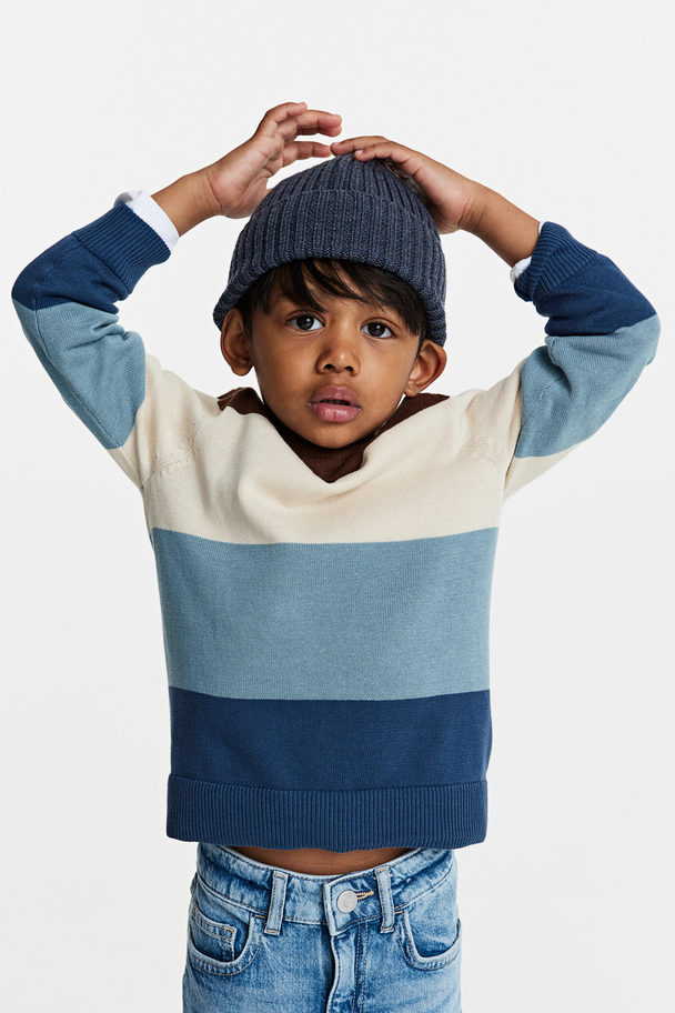 H&M Jacquard-knit Cotton Jumper Dark Blue/block-striped