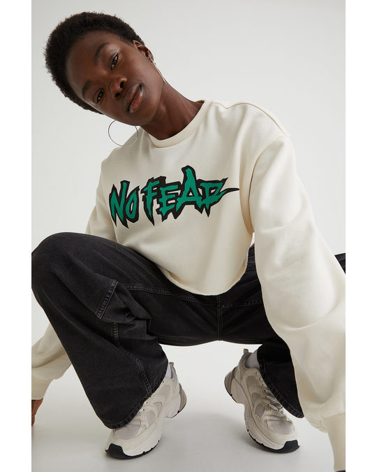 H&M Cropped Printed Sweatshirt Cream/no Fear