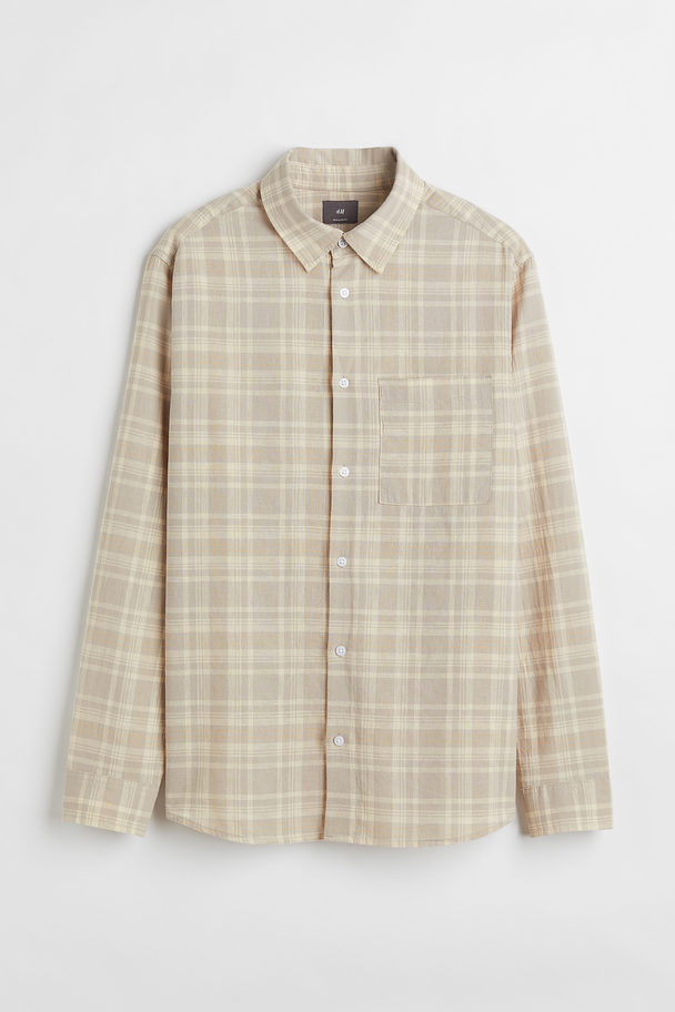 H&M Regular Fit Linen-blend Shirt Beige/checked