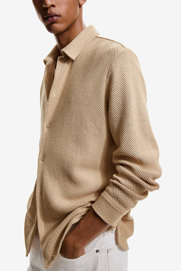 H&M Ajourgebreid Overhemd - Regular Fit Beige