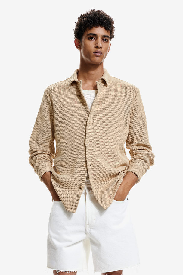 H&M Ajourgebreid Overhemd - Regular Fit Beige