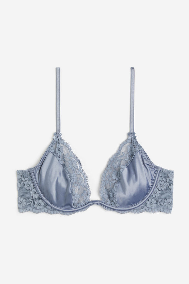 H&M Non-padded Underwired Satin And Lace Bra Blue