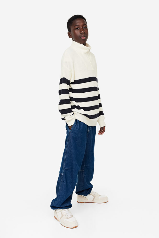H&M Zip-top Rib-knit Jumper Natural White/striped