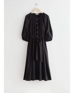 Belted Shell Button Midi Dress Black