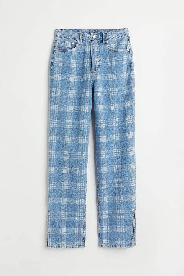 H&M Straight High Jeans Light Blue/checked