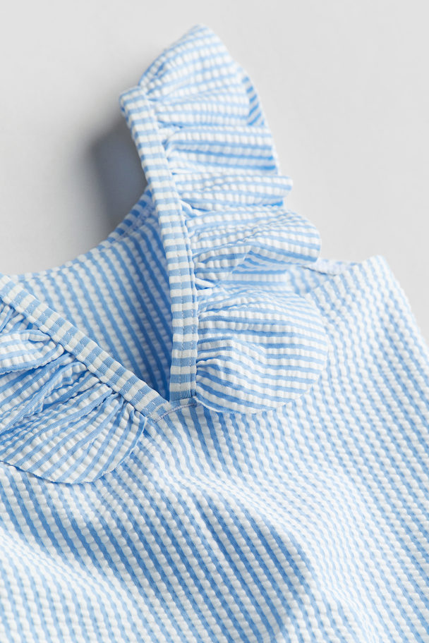 H&M Flounce-trimmed Swimsuit Light Blue/striped