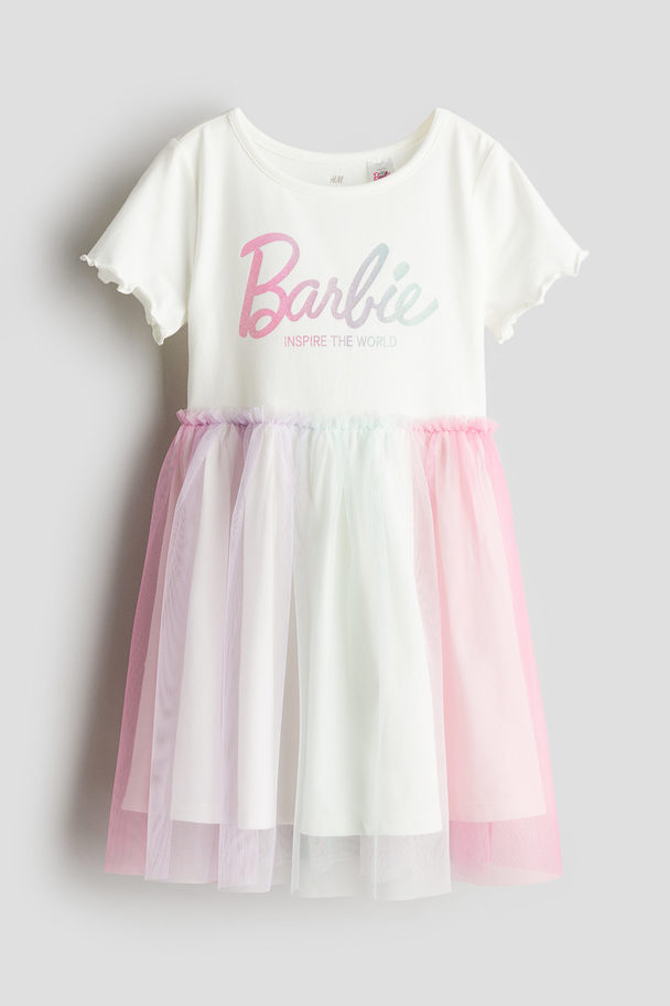 H&M Printed Tulle-skirt Dress White/barbie