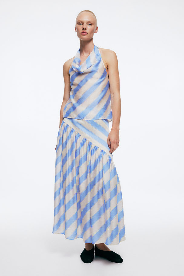 H&M Draped Lyocell-blend Skirt White/light Blue Striped