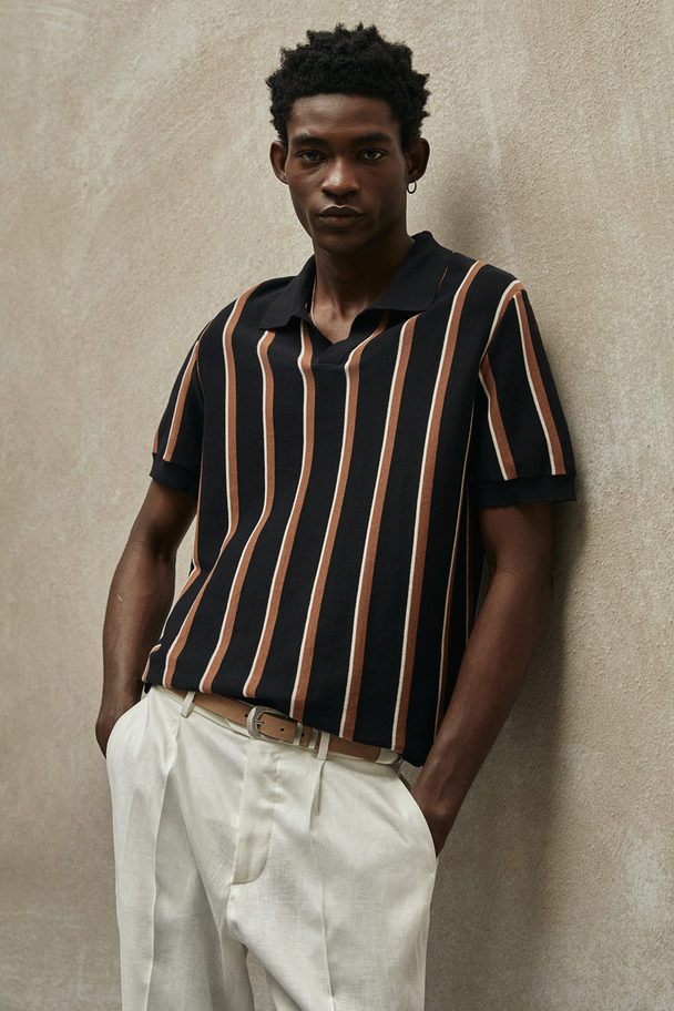 H&M Regular Fit Fine-knit Polo Shirt Black/striped