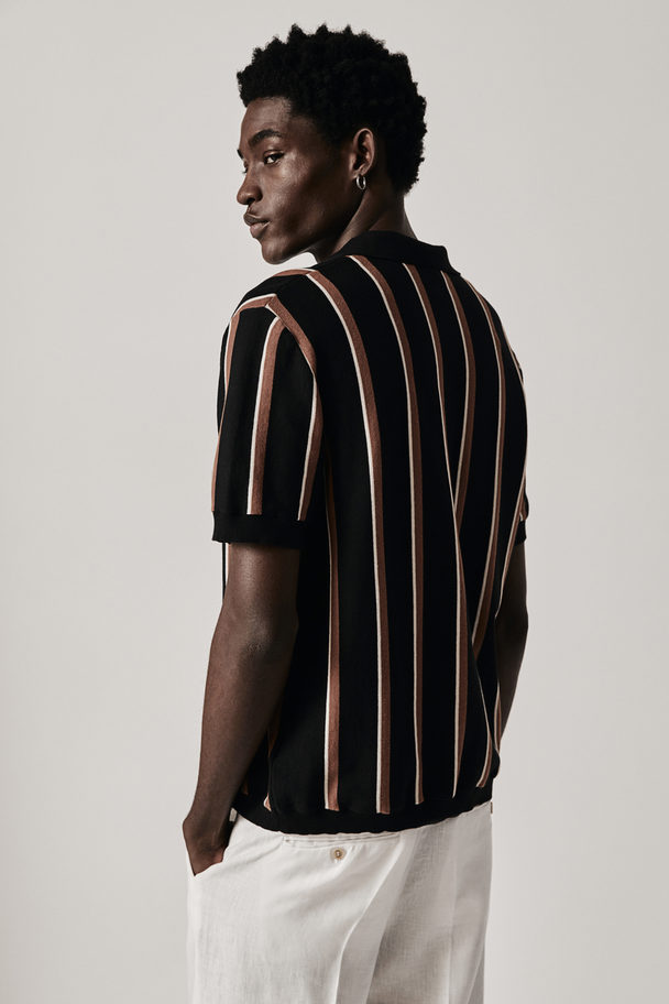 H&M Regular Fit Fine-knit Polo Shirt Black/striped