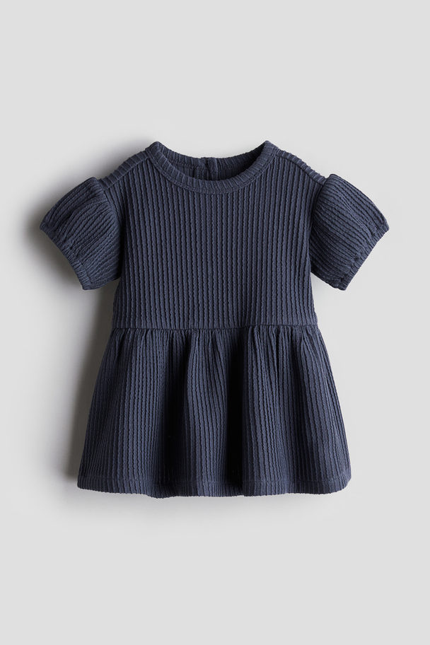 H&M Tricot Jurk Met Geribde Structuur Marineblauw