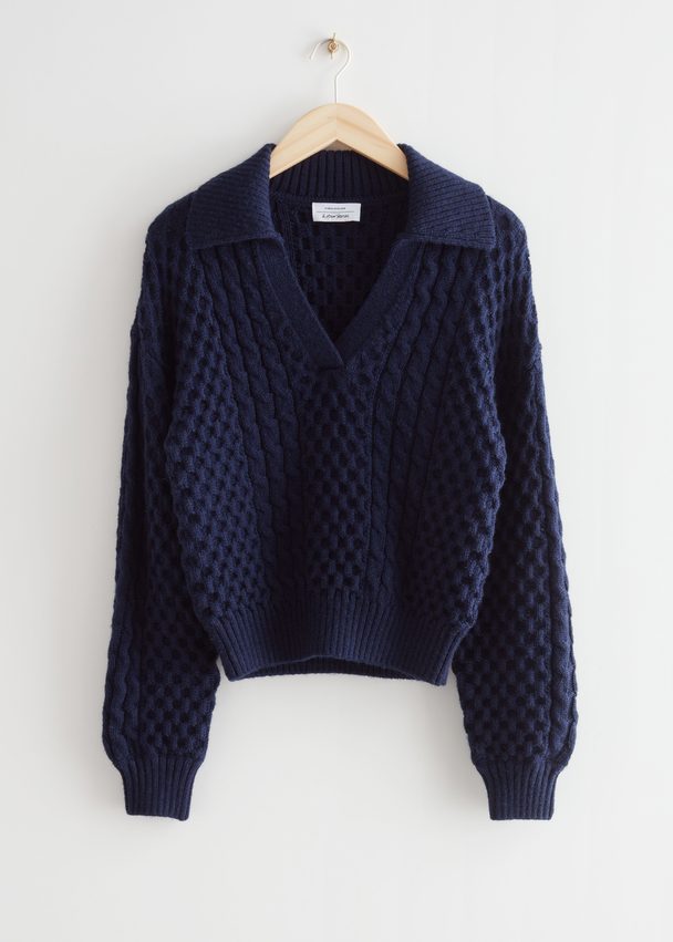 & Other Stories Merino Cable Knit Sweater Navy