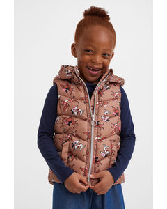 Hooded Puffer Gilet Beige Pink/dogs