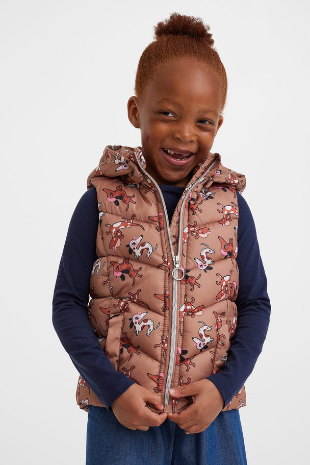 H&M Hooded Puffer Gilet Beige Pink/dogs