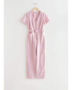 Belted V-cut Jumpsuit Pink