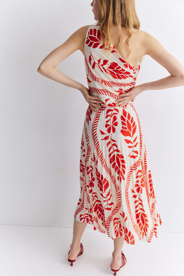 H&M Pleated One-shoulder Dress Cream/red Patterned