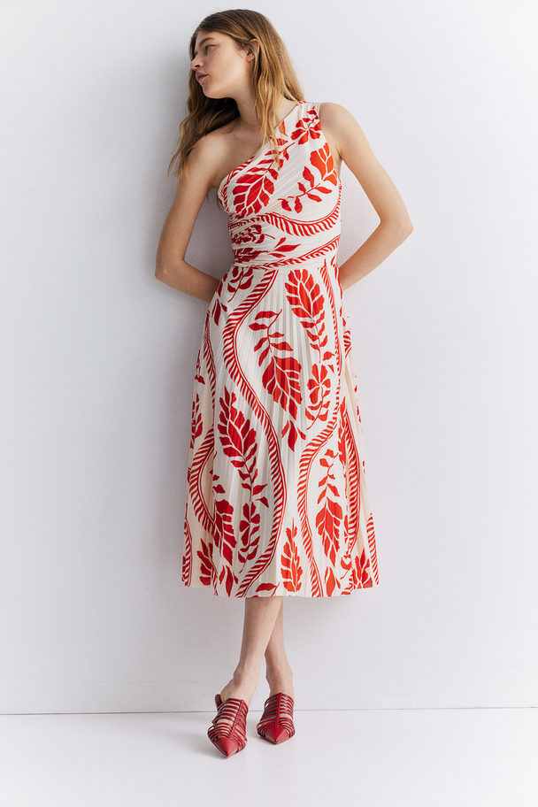 H&M Pleated One-shoulder Dress Cream/red Patterned