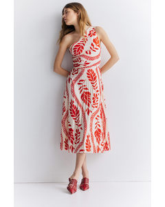 Pleated One-shoulder Dress Cream/red Patterned