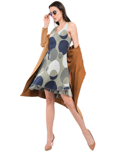 Mid-lenght Round Collar Dress With Polka Dots Prints, Double-ruffles And Sleeveless