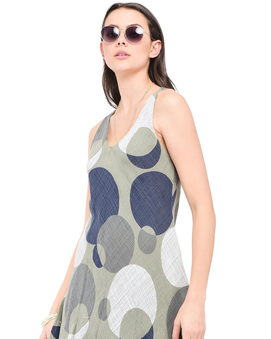 Le Jardin du Lin Mid-lenght Round Collar Dress With Polka Dots Prints, Double-ruffles And Sleeveless