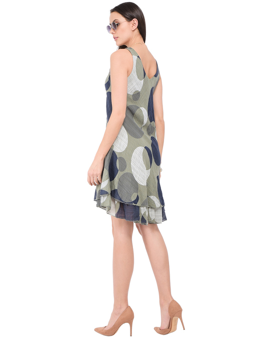 Le Jardin du Lin Mid-lenght Round Collar Dress With Polka Dots Prints, Double-ruffles And Sleeveless