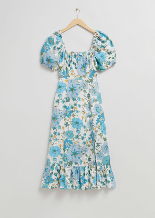 & Other Stories Puff Sleeve Linen Midi Dress White/light Blue Floral Print
