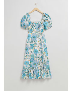 Puff Sleeve Linen Midi Dress White/light Blue Floral Print