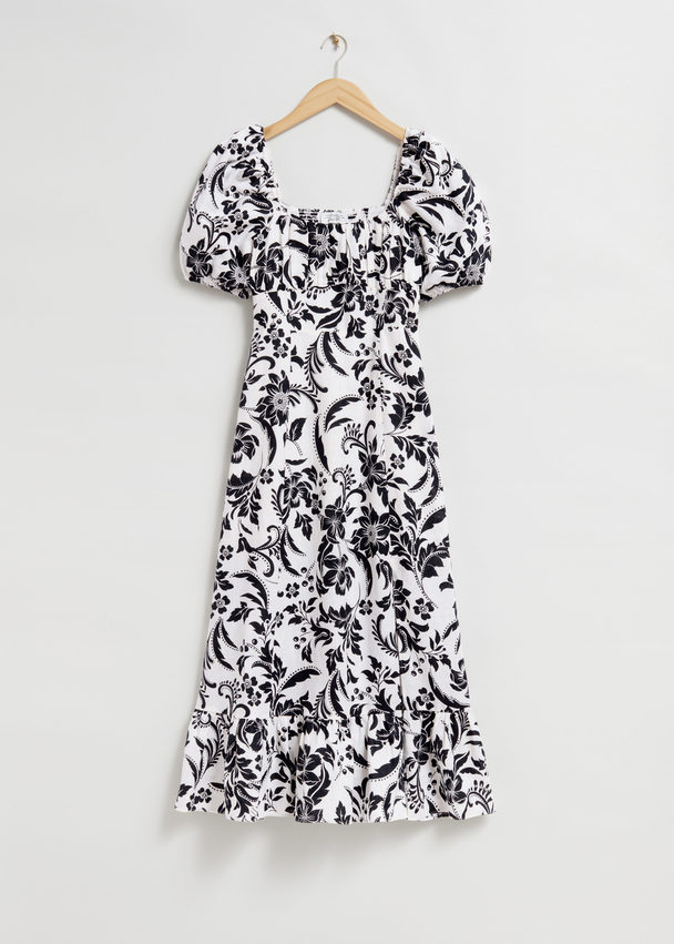 & Other Stories Puff Sleeve Linen Midi Dress White/black Botanical Print